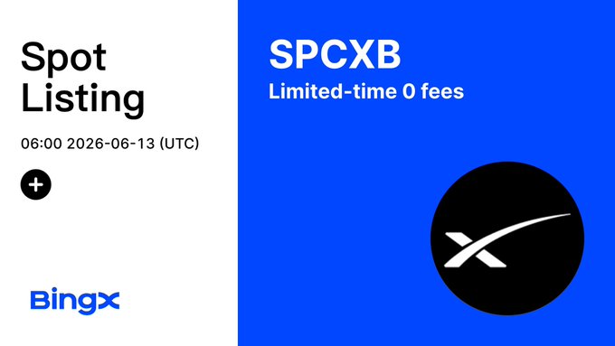 The image features a blue background with white text that reads "SPCXB Limited Time Fees" at the top, followed by a list of tokenized assets for SPCXB/USDT. The tokens are listed under the name "SPCXB", and they are backed by shares held by the issuer through a regulated U.S. broker-dealer. The image also includes a logo for BingX, which is an online marketplace that allows users to buy and sell digital assets like artwork or music.