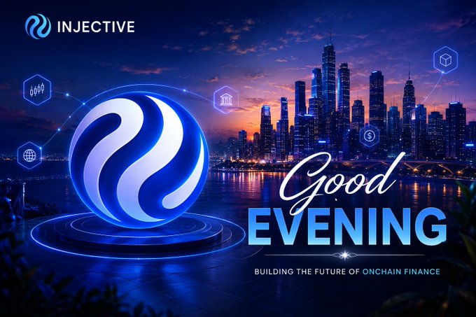 A promotional banner for Injective featuring a 3D logo over a twilight cityscape, displaying the text 'Good EVENING' and 'BUILDING THE FUTURE OF ONCHAIN FINANCE.'
