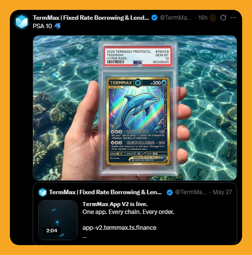 A TermMax tweet showing a PSA 10 graded holographic 'Termmax Hyper Rare' trading card featuring a dolphin, held in hand over a pool, alongside a promotional video preview for TermMax App V2.