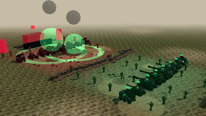 A 3D video game scene showing green-tinted soldiers and tanks attacking a base with red flags and green domes.