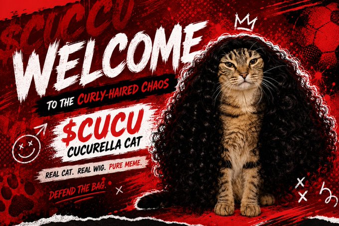 A digital poster reads 'WELCOME TO THE CURLY-HAIRED CHAOS' and features a tabby cat wearing a long curly wig with text '$CUCU CUCURELLA CAT - REAL CAT. REAL WIG. PURE MEME.'