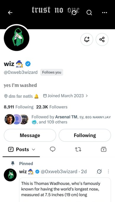 A Twitter/X profile screenshot for user 'wiz' (@0xweb3wizard) with bio 'yes i'm washed', showing 8,911 Following and 22.3K Followers, featuring a pinned post about Thomas Wadhouse having the world's longest nose.