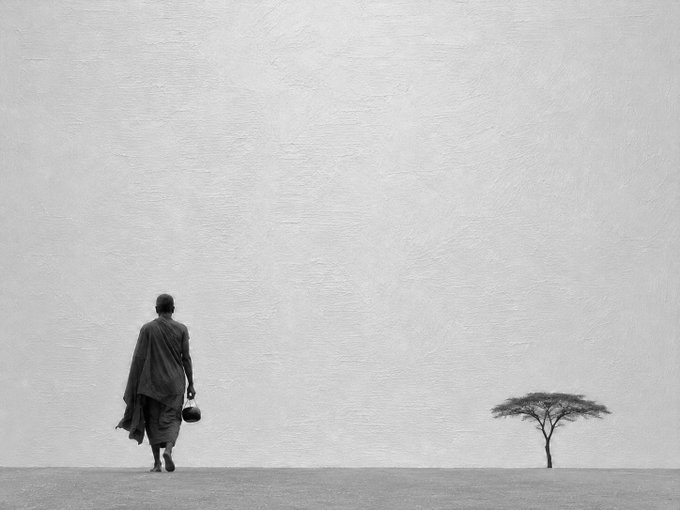 A black and white minimalist photograph showing a robed figure walking across a barren landscape toward a solitary acacia tree on the horizon.