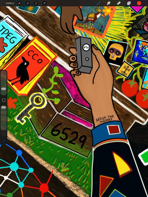 A colorful digital illustration shows a hand holding a small gray device labeled '6529', with a tattoo reading 'SEIZE THE MEMES', surrounded by various NFT-style cards including 'CC0' and 'TPEG', plus a golden key and tomato graphics.