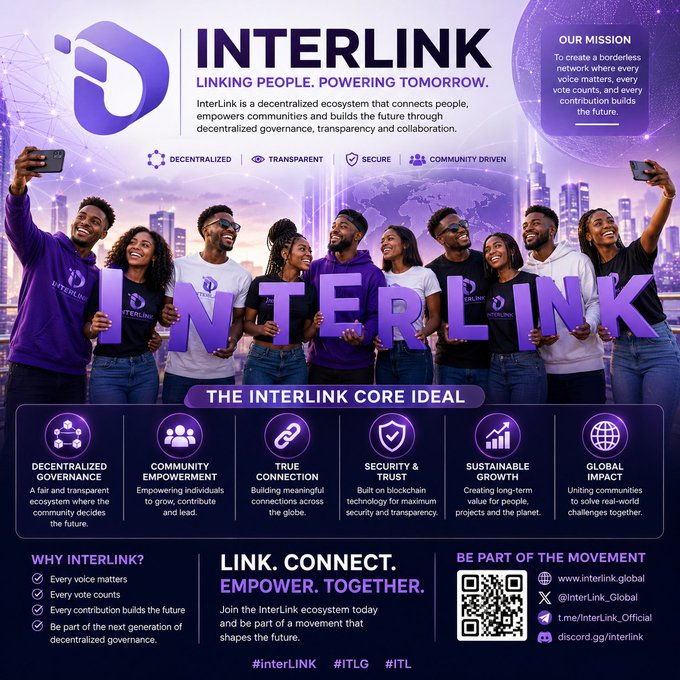 A promotional infographic for 'INTERLINK,' a decentralized ecosystem, featuring people holding up the brand name and listing core ideals like Decentralized Governance and Community Empowerment.