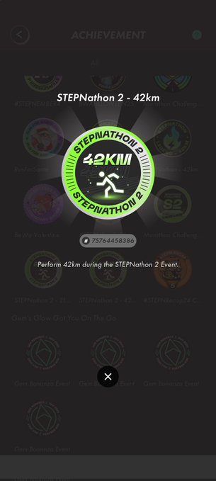 A green 'STEPNathon 2 - 42km' achievement badge is displayed with the ID 75764458366, earned by performing 42km during the STEPNathon 2 event.
