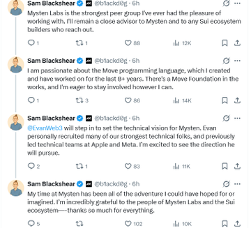 A Twitter thread by Sam Blackshear (@blackcat6g) discussing Mysterium and the Sui ecosystem, mentioning Move programming language and praising EvanWeb3's technical contributions.