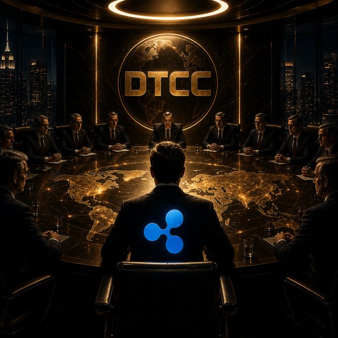 A cinematic image of executives in suits seated around a large round table featuring an illuminated world map, with a glowing 'DTCC' logo on the wall behind them and a blue Ripple/XRP logo on the back of the central figure's chair.