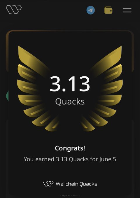 The image shows a black screen with a logo for Walchain Quacks, which appears to be part of a mobile game. The central focus of the image is an award for earning 3.13 Quacks or Quacks, as indicated by the gold emblem on top left corner and right bottom portion of the phone screen. A summary text below the quacks logo congratulates the user on their achievement in the Quack-related app.