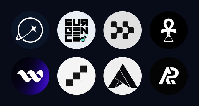 Eight circular cryptocurrency logos are displayed in two rows on a dark navy background, including designs with planets, arrows, and geometric shapes.