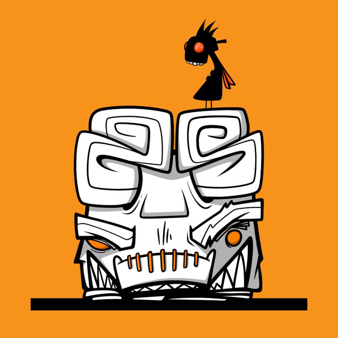 A cartoon illustration featuring a small black bird with a red eye perched atop a large, stylized white skull-like structure against an orange background.
