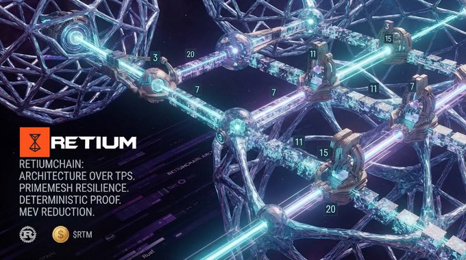 A promotional graphic for "RETIUM" and "$RTM," highlighting a blockchain architecture with text like "ARCHITECTURE OVER TPS" and "PRIMEMESH RESILIENCE."