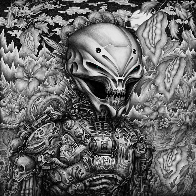 A detailed black and white illustration of a biomechanical, skull-faced alien creature with a tube on its head, surrounded by intricate foliage, flowers, and a small skull in the lower left corner.