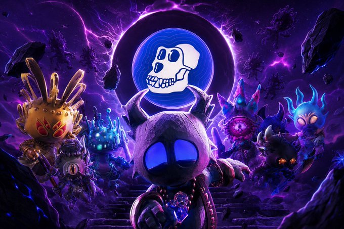 The image showcases a cosmic scene featuring the iconic blue-and-white ApeCoin skull logo floating above a dark, glowing doorway, flanked by colorful Bored Ape-style characters and mystical creatures set against a swirling purple galaxy. The imagery visually reinforces the post's message about ApeChain, builders creating in the Otherside Meta, and the anticipation of ApeFest by evoking the surreal, otherworldly metaverse environment where these developments are taking place.