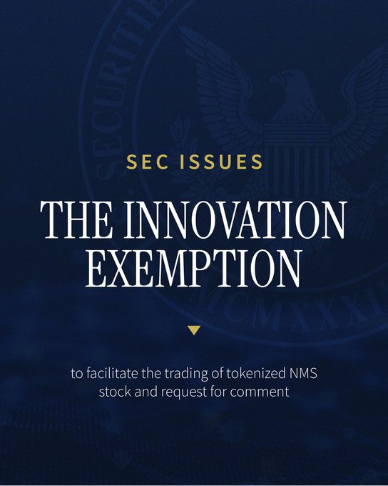 A dark blue graphic features the SEC seal with 'SEC ISSUES' above large text reading 'THE INNOVATION EXEMPTION' and a subtitle 'to facilitate the trading of tokenized NMS stock and request for comment'.