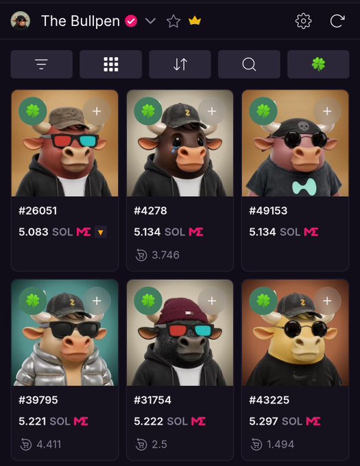 NFT marketplace screenshot titled 'The Bullpen' displaying a collection of cartoon bull avatars wearing various outfits and sunglasses, with prices in SOL ranging from approximately 5.083 to 5.297 SOL.