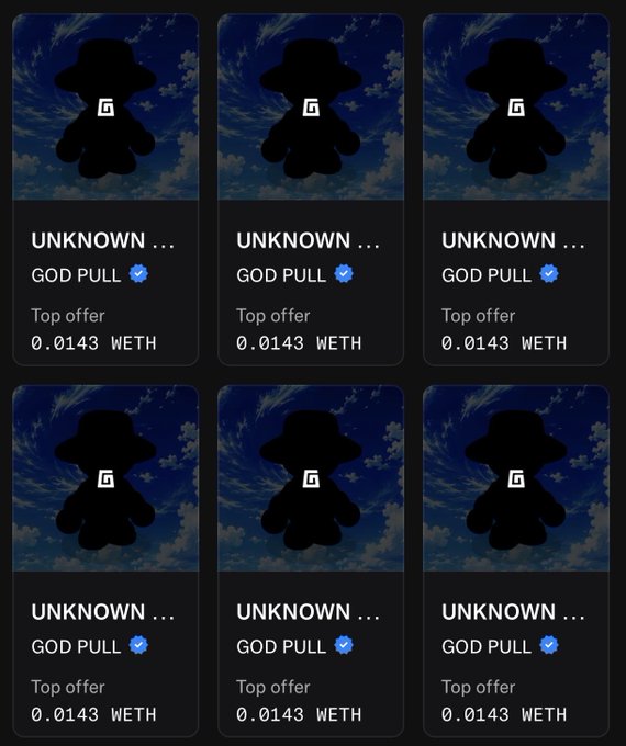 A grid of six identical NFT cards labeled "UNKNOWN" with a "GOD PULL" verified badge and a top offer of 0.0143 WETH, illustrating the user's freshly minted and secondary-market acquired God Pull NFTs from the betty_nft collection.
