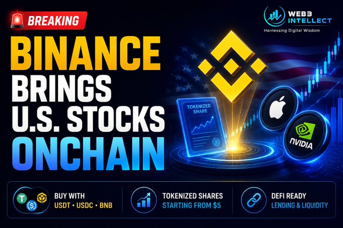 The image features a poster for Binance Chain, which talks about how they are bringing U.S. stocks onto an blockchain platform called Onchain. The poster is primarily focused on this particular feature of the cryptocurrency space. It also mentions other cryptocurrencies like Bitcoin and Ether, offering information about these digital assets as well.