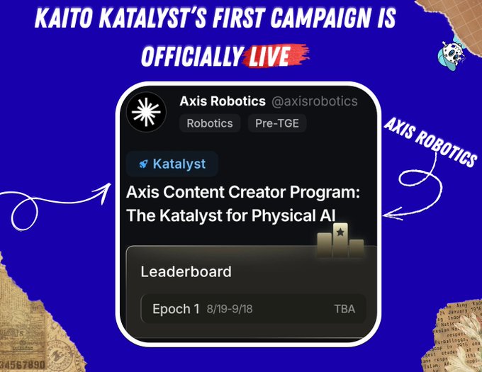 A promotional graphic announcing 'KAITO KATALYST'S FIRST CAMPAIGN IS OFFICIALLY LIVE' featuring Axis Robotics (@axisrobotics) and their 'Axis Content Creator Program: The Katalyst for Physical AI' Kaito leaderboard campaign, Epoch 1 (8/19–9/18).