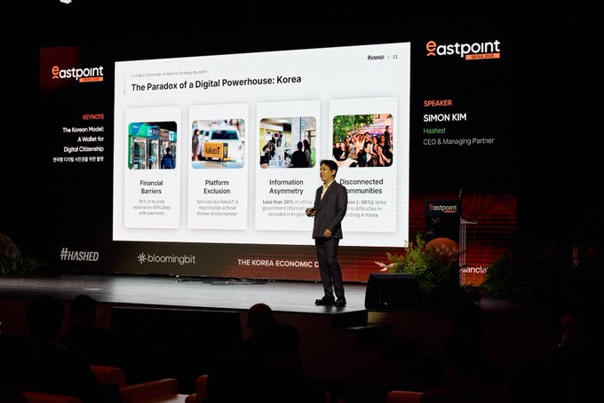 A man in a dark suit presents on stage at the EastPoint Conference, with a large screen behind him displaying "The Paradox of a Digital Powerhouse: Korea" alongside panels highlighting barriers like "Financial Barriers," "Platform Exclusion," "Information Asymmetry," and "Disconnected Communities." According to the slide, he's identified as Simon Kim, CEO & Managing Partner of Hashed, illustrating his keynote on the challenges non-Korean phone users face in accessing Korea's digital infrastructure.