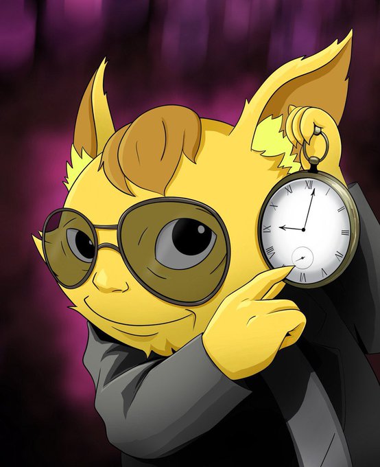 An animated yellow furry character with large eyes, wearing round tinted glasses and a black jacket, holds up a silver pocket watch on a chain while smiling against a dark purple background.