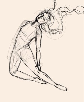 A loose, gestural sketch of a seated female figure with flowing hair, rendered in charcoal or pencil, capturing the progression from initial rough lines to a more defined form. The image aligns with the post's "Start to Finish" theme by showcasing the artistic journey of a figure drawing from early loose strokes to a more polished final piece.