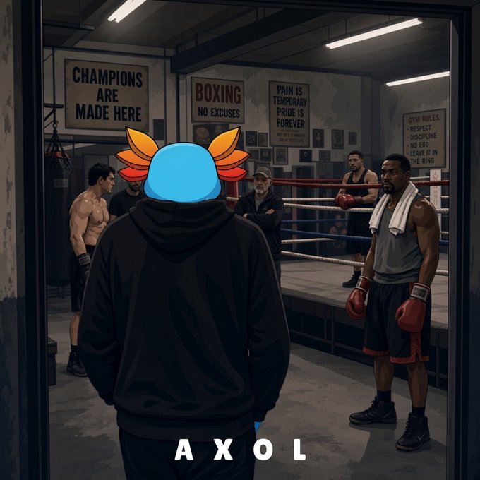 A digital illustration of a character with blue skin and orange flame-like hair entering a boxing gym, where boxers stand near a ring with signs reading 'CHAMPIONS ARE MADE HERE' and 'BOXING NO EXCUSES', branded 'AXOL'.