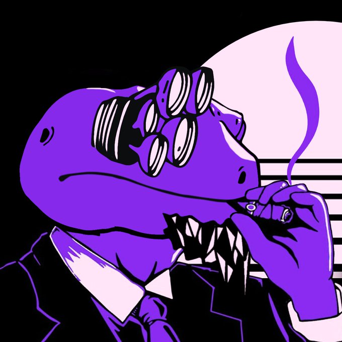 Stylized purple illustration of a reptilian humanoid character in a business suit smoking a cigar, featuring glowing eyes and a menacing toothy grin against a black and white background.