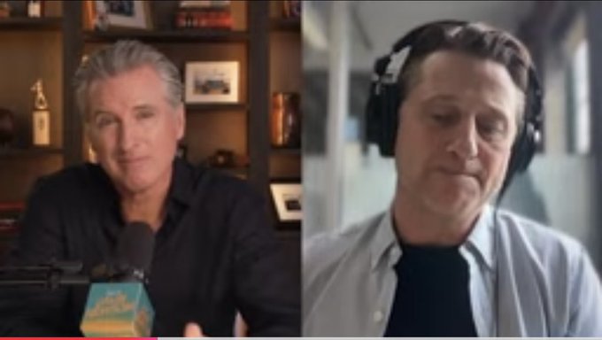 Two men appear in a split-screen video podcast format; the man on the left wears a black shirt with a microphone in front of him, while the man on the right wears headphones and a light blue shirt.