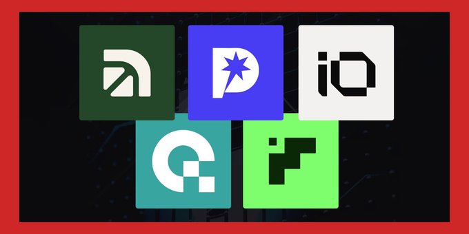 A collection of five app icons on a dark background, including icons for an RSS feed, an app with a star logo, iQ, a Q-shaped logo, and a green icon with a pixelated design.