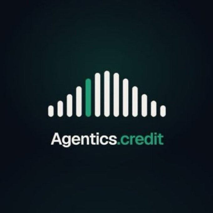 A logo for 'Agentics.credit' featuring a stylized audio wave or mountain graphic in white and green on a dark background.