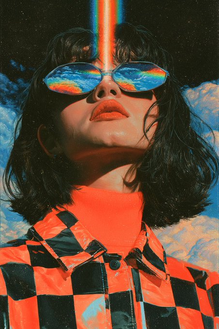 A stylized portrait of a woman with dark hair wearing sunglasses reflecting a rainbow, with a vertical rainbow beam coming from above, dressed in an orange and black checkered shirt against a cloudy sky.
