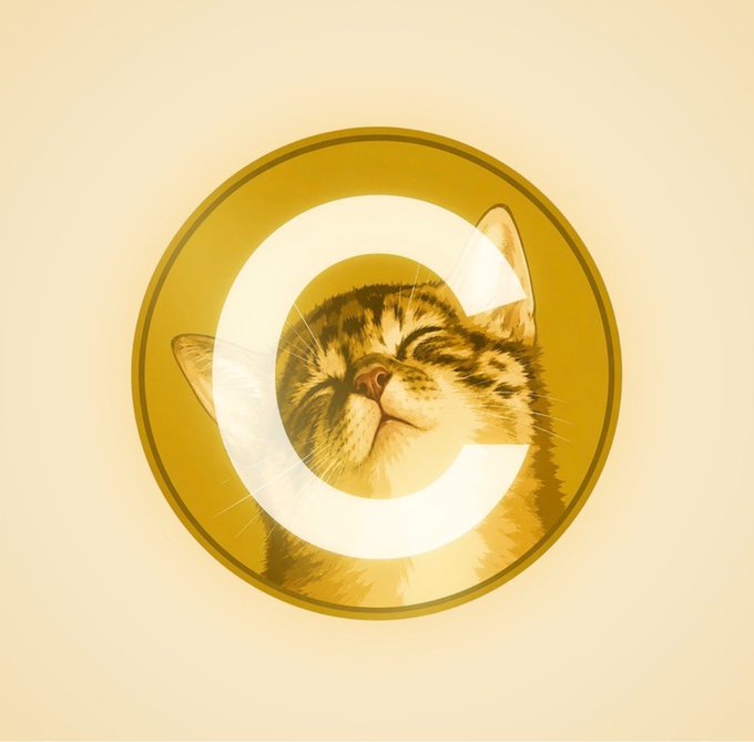 A stylized golden coin featuring a large letter 'C' in the center, with a content, smiling tabby cat illustrated inside the circular opening.
