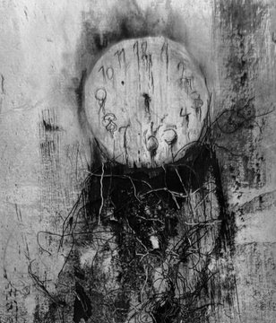 A dark, abstract charcoal-style artwork featuring a clock face with numbers melting or dripping, with a silhouetted figure beneath it surrounded by chaotic lines and smoke.