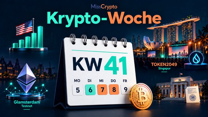 The image is a promotional graphic from "Miss:Crypto" titled "Krypto-Woche" (Crypto Week) for KW 41, displaying a weekly calendar highlighting dates 6-9 October. The imagery features an American flag with rising green bars, an Ethereum diamond labeled "Glamsterdam Testnet," a gold Bitcoin coin, and Singapore's Marina Bay Sands backdrop, visually representing the week's key crypto events including TOKEN2049 in Singapore and the Ethereum Glamsterdam upgrade.