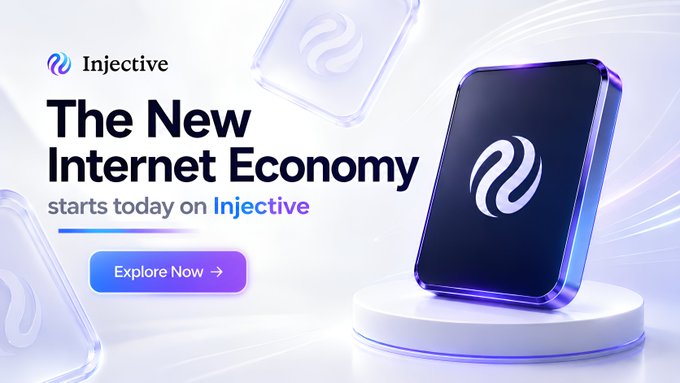 Promotional banner for Injective blockchain reading 'The New Internet Economy starts today on Injective' with an 'Explore Now' button, featuring the Injective logo on a stylized 3D device.