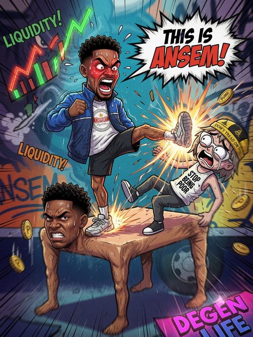 Cartoon-style comic illustration with crypto/meme themes, showing an angry character kicking another off a table with text bubbles reading 'LIQUIDITY!' and 'THIS IS ANSEM!' and 'DEGEN LIFE'.