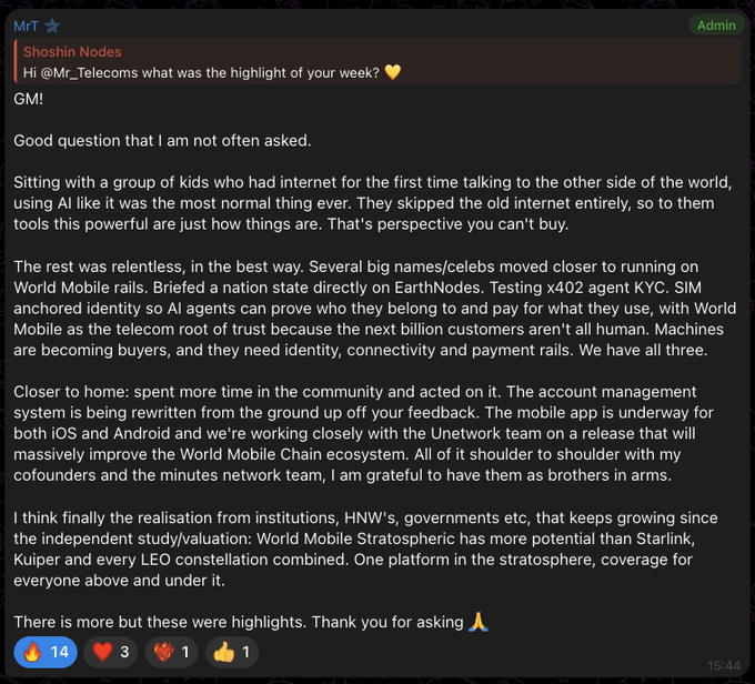 A social media post by Shoshin Nodes on MrT directed at @Mr_Telecoms, discussing highlights of the week including World Mobile, AI for first-time internet users, and Stratospheric networks.