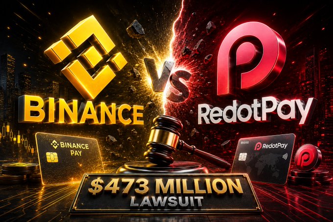 A dramatic graphic depicts a legal battle between Binance (gold logo) and RedotPay (red logo), featuring a gavel and a banner reading '$473 MILLION LAWSUIT'.