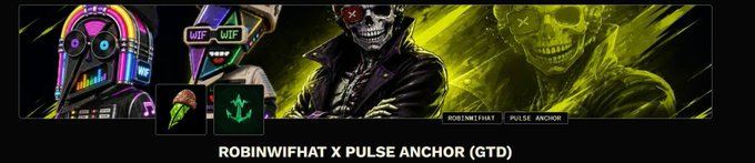 A promotional banner for "ROBINWIFHAT X PULSE ANCHOR (GTD)" showcases neon-lit DJ equipment, a futuristic robot with "WIF" sunglasses, a skeletal figure in a leather jacket, and a green ghostly skull, with minting interface elements displayed below. The vibrant artwork aligns with the post announcing secured GTD and FCFS mint spots for the RobinWifHat collaboration.