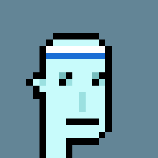 A pixel art portrait of a light blue-skinned figure wearing a white headband with a blue stripe against a blue background.