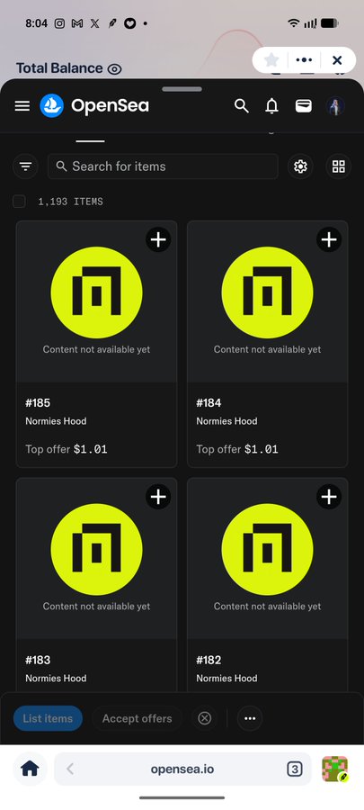 A mobile screenshot of OpenSea NFT marketplace showing 1,193 items including multiple 'Normies Hood' NFTs listed with 'Content not available yet' placeholders and top offer of $1.01.