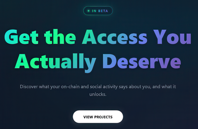 A dark-themed promotional banner featuring a green "IN BETA" badge at the top, the headline "Get the Access You Actually Deserve" in a green-to-purple gradient, a tagline reading "Discover what your on-chain and social activity says about you, and what it unlocks," and a "VIEW PROJECTS" button, all promoting the Nucleus Codes platform mentioned in the accompanying post about matching users to projects based on on-chain and social activity.
