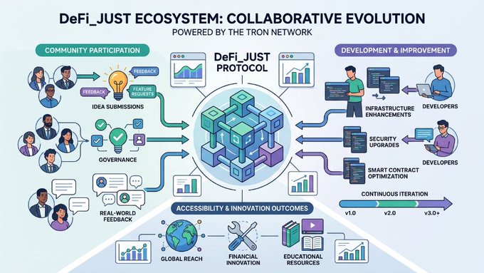 An infographic titled 'DeFi_JUST ECOSYSTEM: COLLABORATIVE EVOLUTION' showing the DeFi JUST Protocol powered by the TRON Network, illustrating community participation, development, and innovation outcomes.