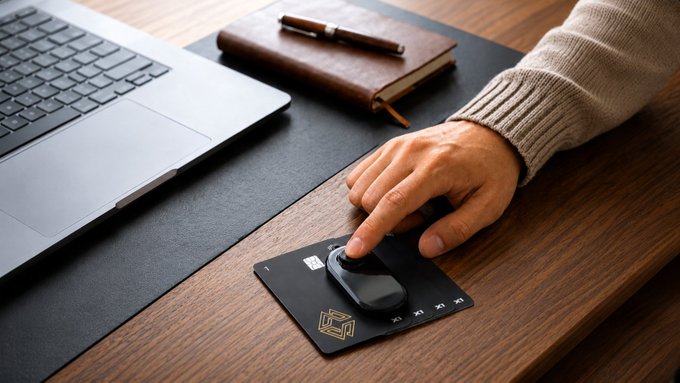The image shows a person's hand holding a black mouse pad with a gold logo, which appears to be a credit card reader or wallet app designed for Bitcoin transactions. The scene takes place at a desk with a laptop computer and a notebook nearby. The text in the image reads "This is what it feels like to actually own your Bitcoin." This suggests that the person might have recently made a Bitcoin transaction using their mouse pad, which could be an interesting way of engaging with digital currency.