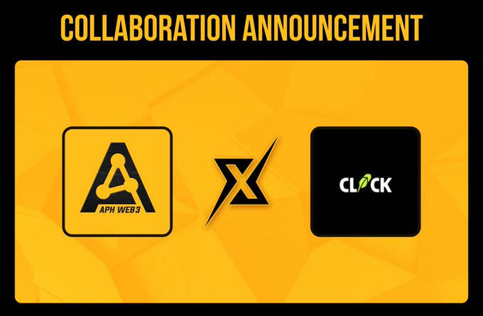 A collaboration announcement graphic on a yellow background featuring logos for 'APH WEB3' and 'CLICK' separated by an 'X'.