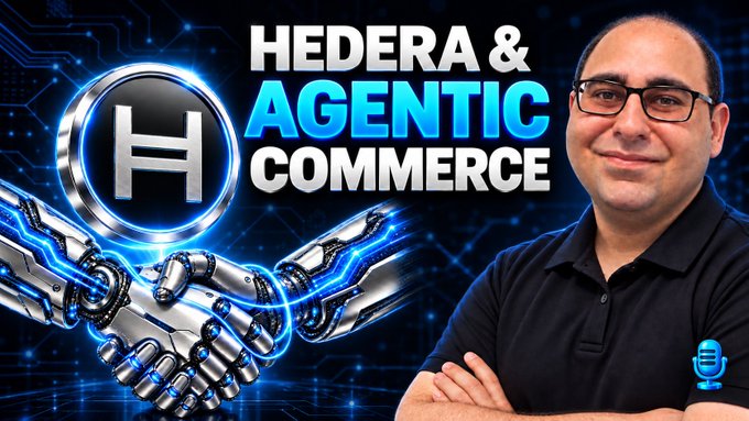 A YouTube thumbnail titled 'HEDERA & AGENTIC COMMERCE' featuring a man in a black shirt and glasses alongside a metallic Hedera (H) logo and a robotic handshake.