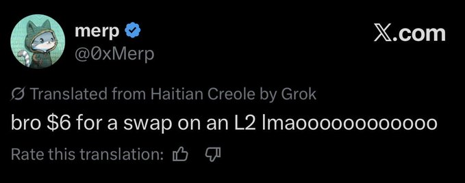 A screenshot of a tweet from the user @0xMerp on X.com stating 'bro $6 for a swap on an L2 lmao', noted as being translated from Haitian Creole by Grok.