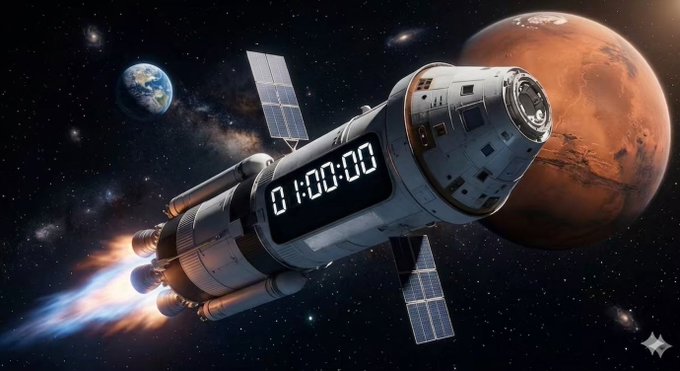 The image features a rocket ship flying through space, with the time displayed as 1:00:00. The caption below the rocket reads "Only one hour remaining until the launch of Mars coin—it's about to reshape the entire crypto market!" This suggests that there is only an hour left before the rocket ship reaches its destination and begins its mission on Mars.