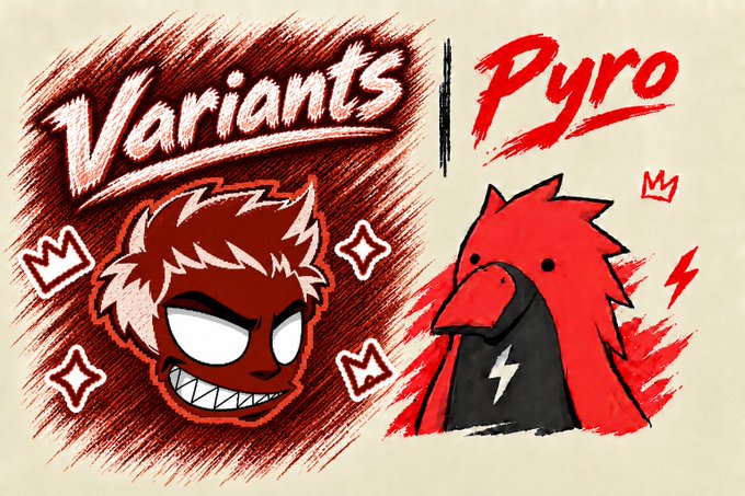 An illustration split into two character designs labeled 'Variants' and 'Pyro', both depicted in red tones with crown symbols and stylized features.